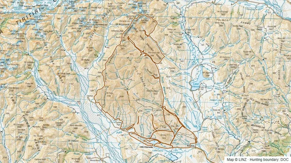 Topographic map of Big Hill/ Potts/ Clearwater/ Cameron in Canterbury, New Zealand, with the DOC hunting boundary outlined.