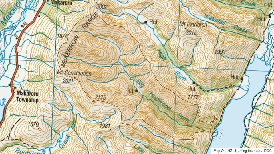 Topographic map of Big Hopwood in Otago, New Zealand, with the DOC hunting boundary outlined.