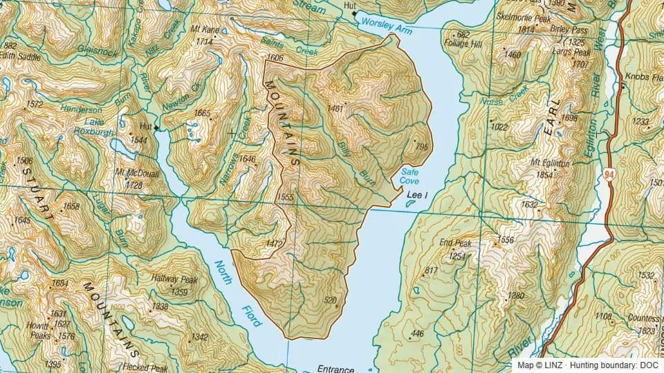 Topographic map of Billy Burn in Southland, New Zealand, with the DOC hunting boundary outlined.