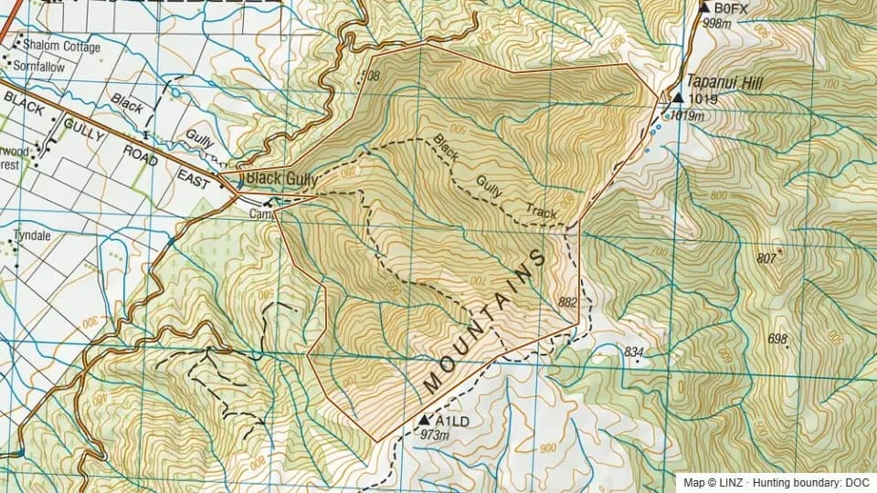 Topographic map of Black Gully - Blue Mountains in Otago, New Zealand, with the DOC hunting boundary outlined.