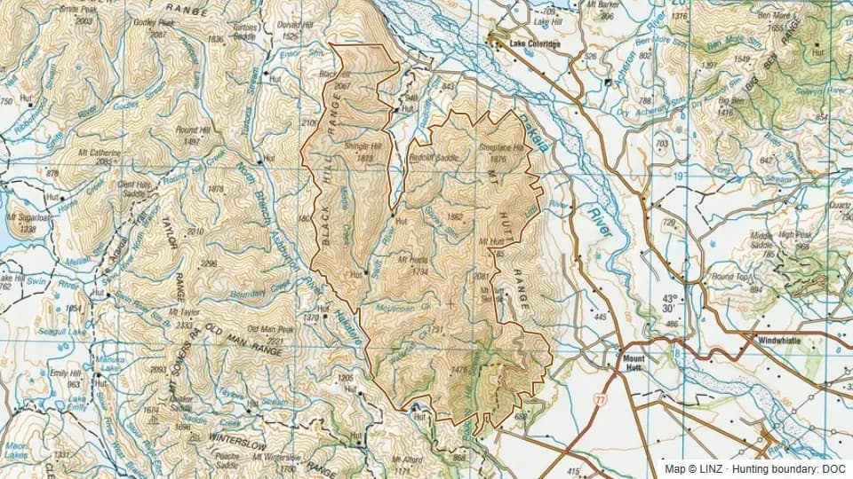 Topographic map of Black Hill Range/ Mount Hutt in Canterbury, New Zealand, with the DOC hunting boundary outlined.