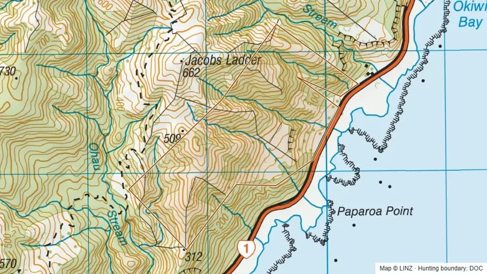 Topographic map of Black Miller Stream Mangamaunu Scenic Reserve in Canterbury, New Zealand, with the DOC hunting boundary outlined.