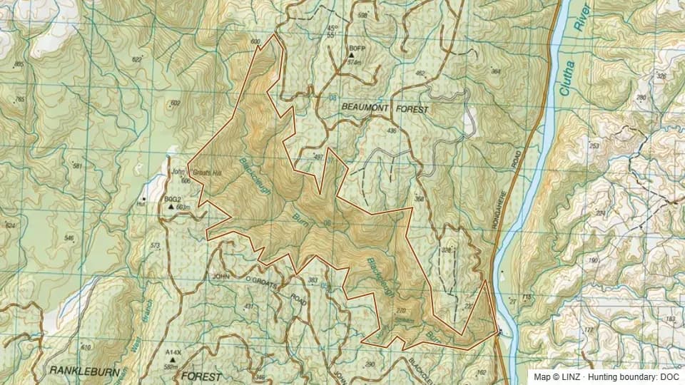Topographic map of Blackcleugh - Blue Mountains in Otago, New Zealand, with the DOC hunting boundary outlined.
