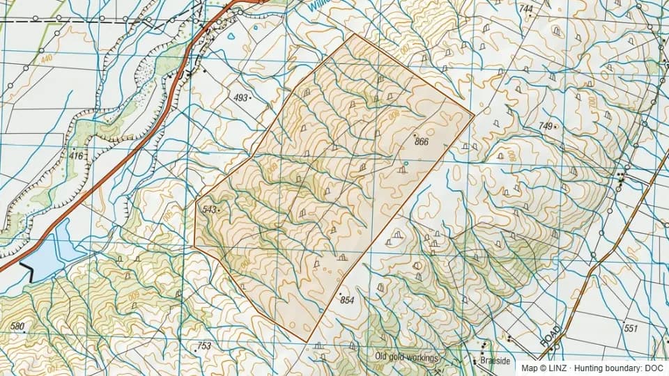 Topographic map of Blackstone Hill in Otago, New Zealand, with the DOC hunting boundary outlined.