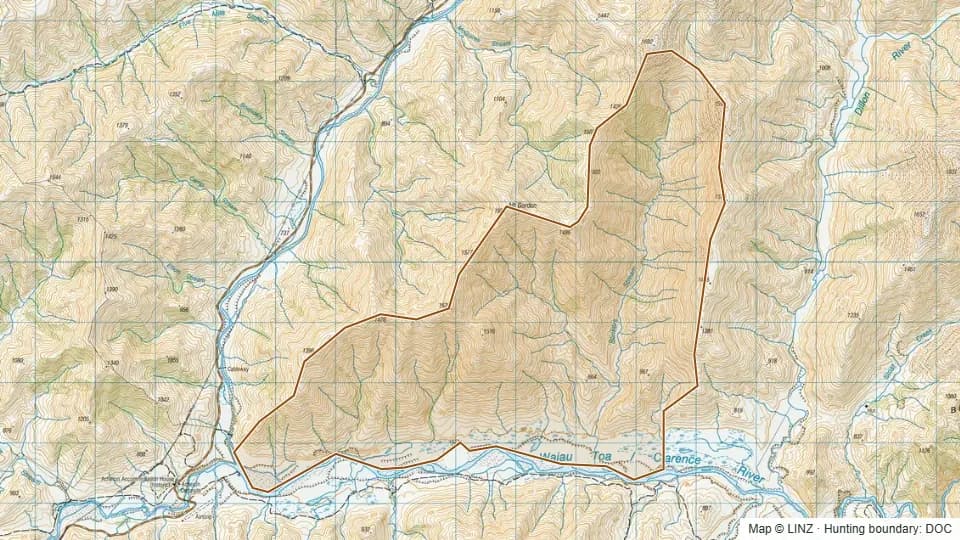 Topographic map of Blinkers in Marlborough, New Zealand, with the DOC hunting boundary outlined.