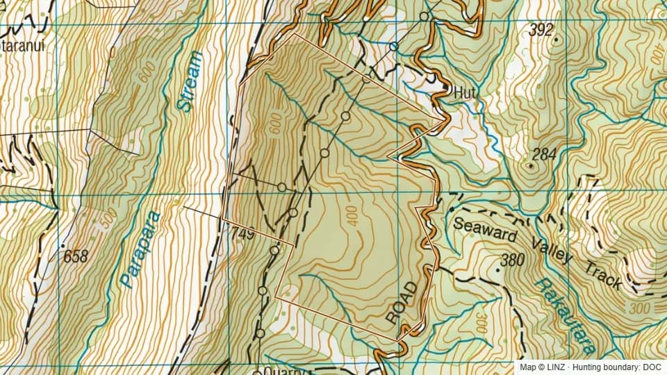 Topographic map of Bluc Duck Scientific Reserve in Canterbury, New Zealand, with the DOC hunting boundary outlined.