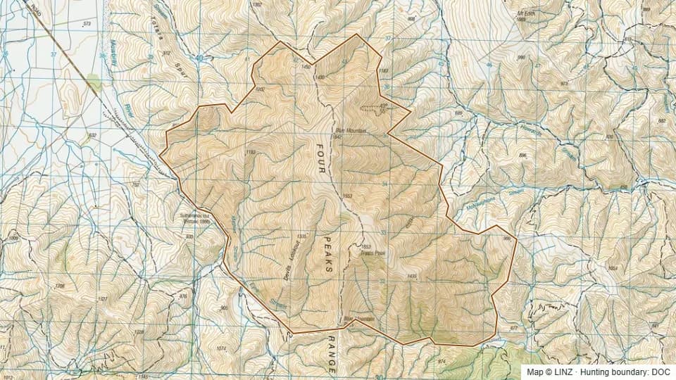Topographic map of Blue Mountain Conservation Area in Canterbury, New Zealand, with the DOC hunting boundary outlined.