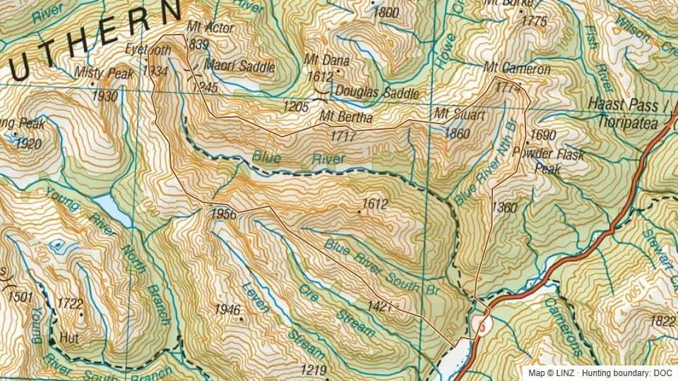 Topographic map of Blue in Otago, New Zealand, with the DOC hunting boundary outlined.