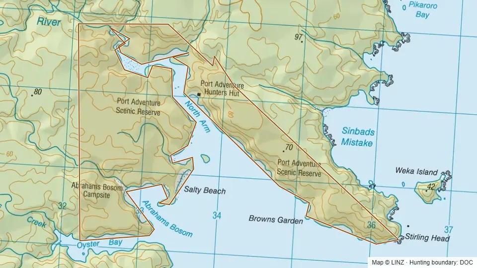 Topographic map of Bosom in Southland, New Zealand, with the DOC hunting boundary outlined.