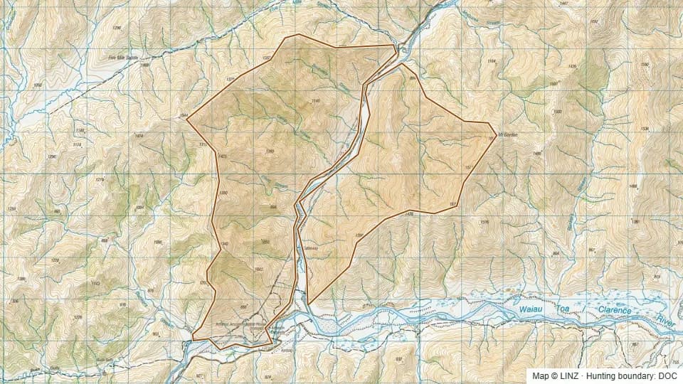 Topographic map of Bottom Acheron in Marlborough, New Zealand, with the DOC hunting boundary outlined.