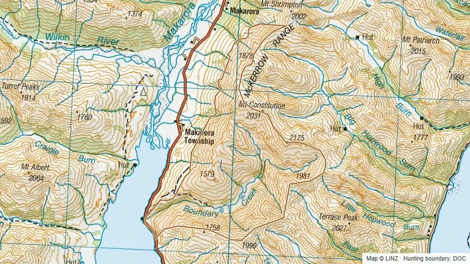 Topographic map of Boundary Creek in Otago, New Zealand, with the DOC hunting boundary outlined.