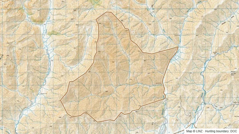 Topographic map of Boundary in Marlborough, New Zealand, with the DOC hunting boundary outlined.