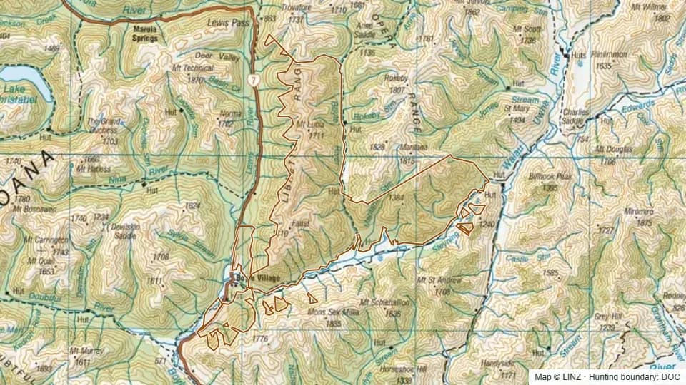 Topographic map of Boyle River in Canterbury, New Zealand, with the DOC hunting boundary outlined.