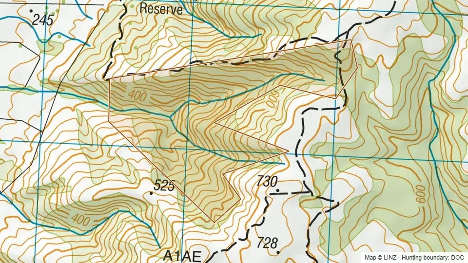 Topographic map of Brandy - Blue Mountains in Otago, New Zealand, with the DOC hunting boundary outlined.