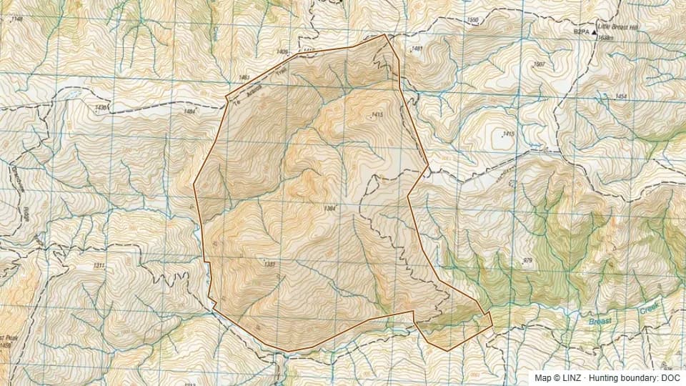 Topographic map of Breast Creek Block in Otago, New Zealand, with the DOC hunting boundary outlined.