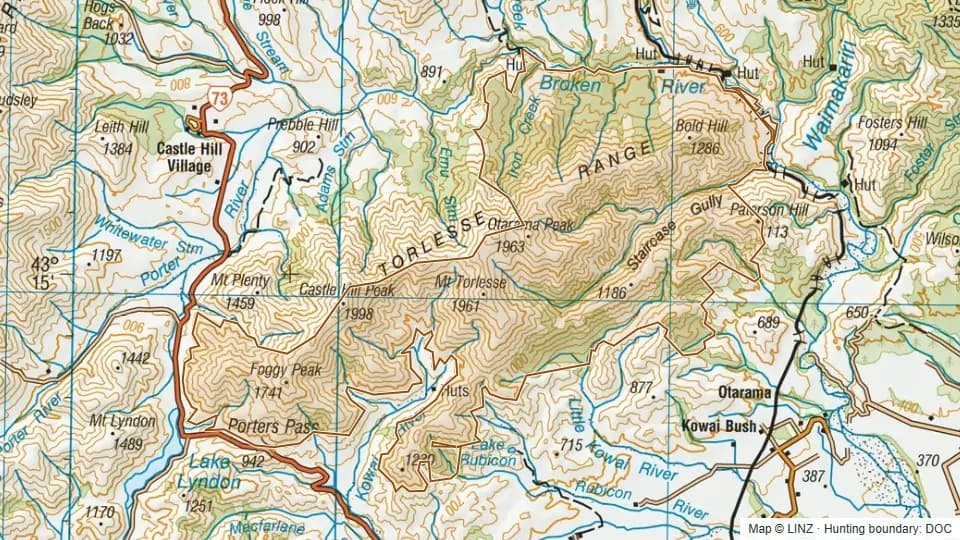 Topographic map of Broken River in Canterbury, New Zealand, with the DOC hunting boundary outlined.