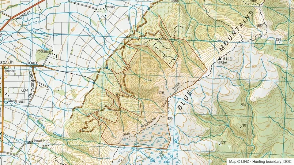 Topographic map of Brooksdale - Blue Mountains in Otago, New Zealand, with the DOC hunting boundary outlined.