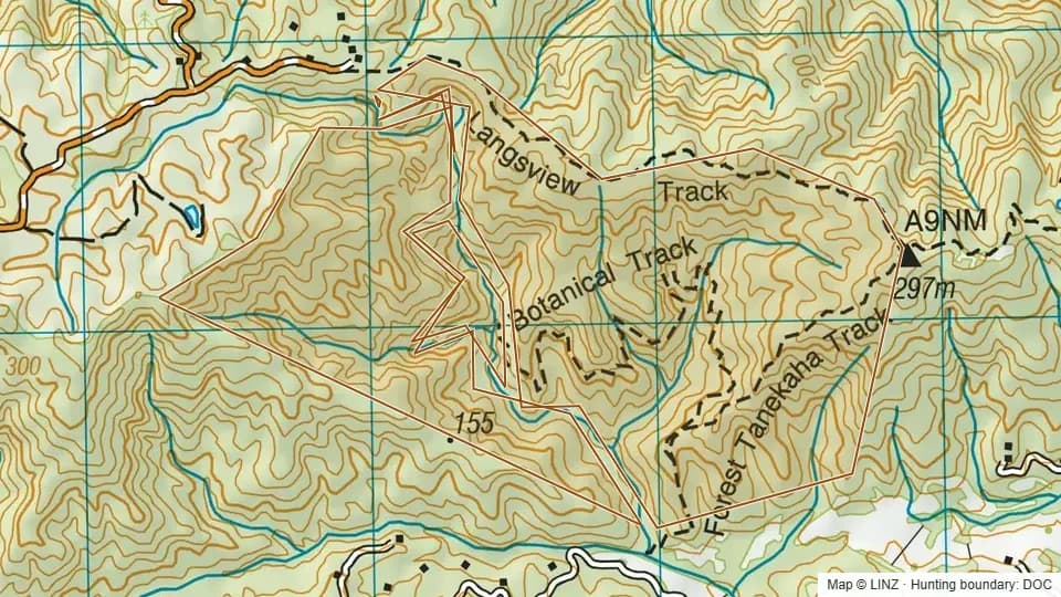Topographic map of Brynderwyn Hills Scenic Reserve in Northland, New Zealand, with the DOC hunting boundary outlined.
