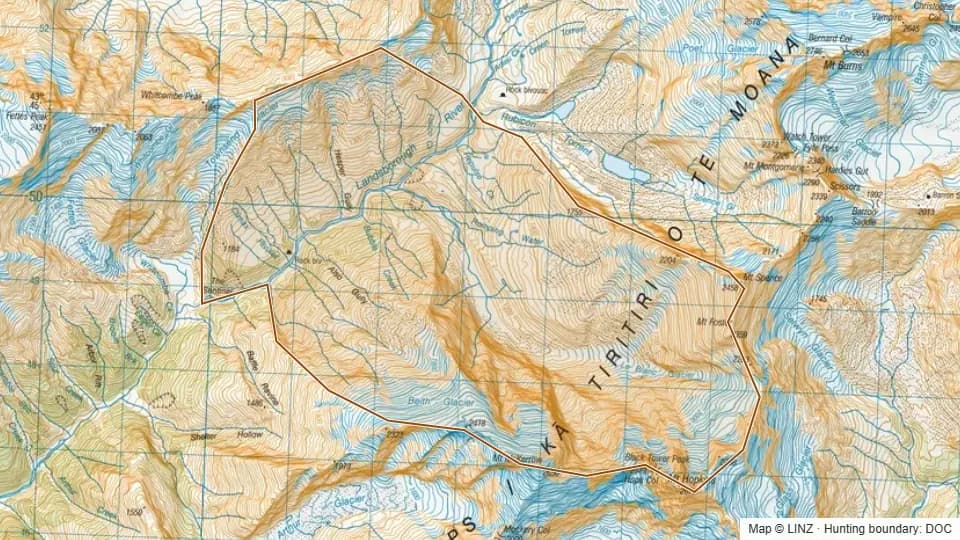 Topographic map of Bubble Creek in West Coast, New Zealand, with the DOC hunting boundary outlined.