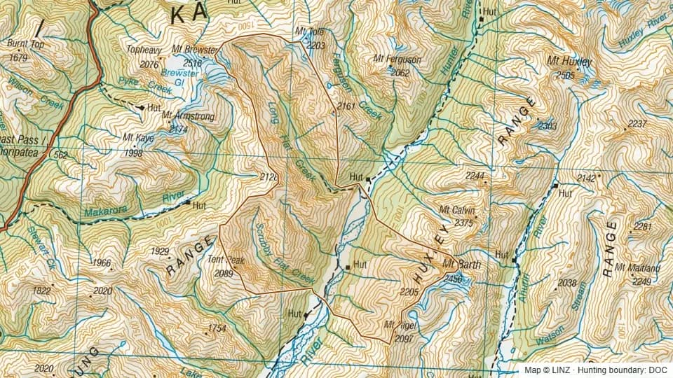 Topographic map of Bull Flat in Otago, New Zealand, with the DOC hunting boundary outlined.