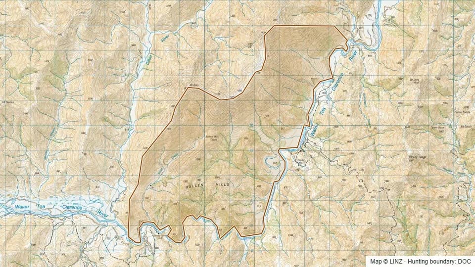 Topographic map of Bullen in Marlborough, New Zealand, with the DOC hunting boundary outlined.