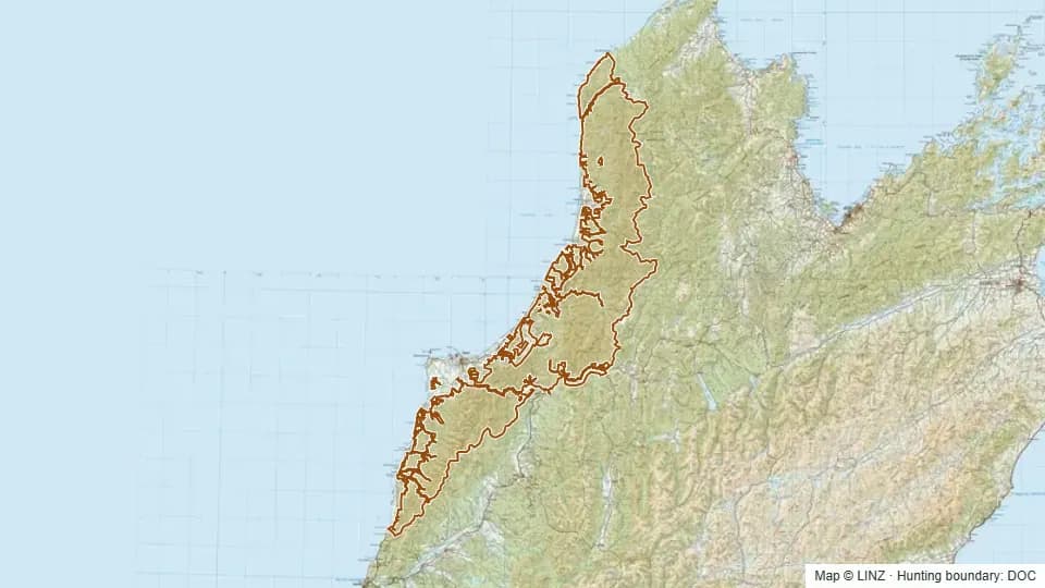 Topographic map of Buller - Kawatiri in West Coast, New Zealand, with the DOC hunting boundary outlined.