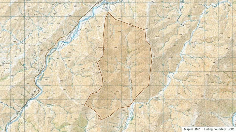 Topographic map of Bullock Gully in Marlborough, New Zealand, with the DOC hunting boundary outlined.