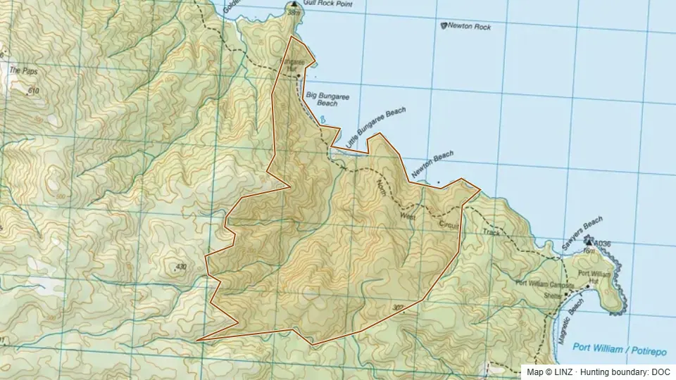 Topographic map of Bungaree in Southland, New Zealand, with the DOC hunting boundary outlined.