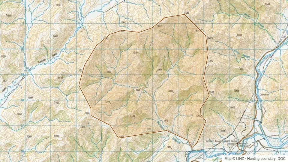 Topographic map of Bunkers in Canterbury, New Zealand, with the DOC hunting boundary outlined.