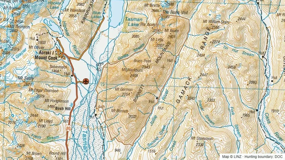 Topographic map of Burnett in Canterbury, New Zealand, with the DOC hunting boundary outlined.