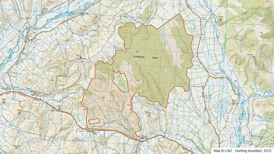 Topographic map of Burwood Bush (Red Tussock) Scientific Reserve in Southland, New Zealand, with the DOC hunting boundary outlined.