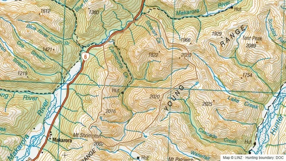 Topographic map of Cameron in Otago, New Zealand, with the DOC hunting boundary outlined.