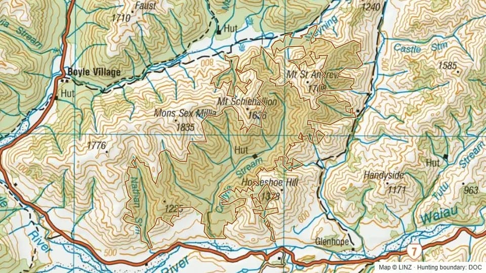 Topographic map of Carlyle in Canterbury, New Zealand, with the DOC hunting boundary outlined.