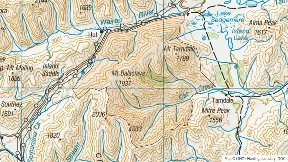 Topographic map of Cat Creek in Marlborough, New Zealand, with the DOC hunting boundary outlined.