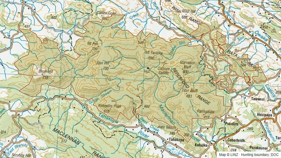 Topographic map of Catlins-MacLennan in Otago, New Zealand, with the DOC hunting boundary outlined.