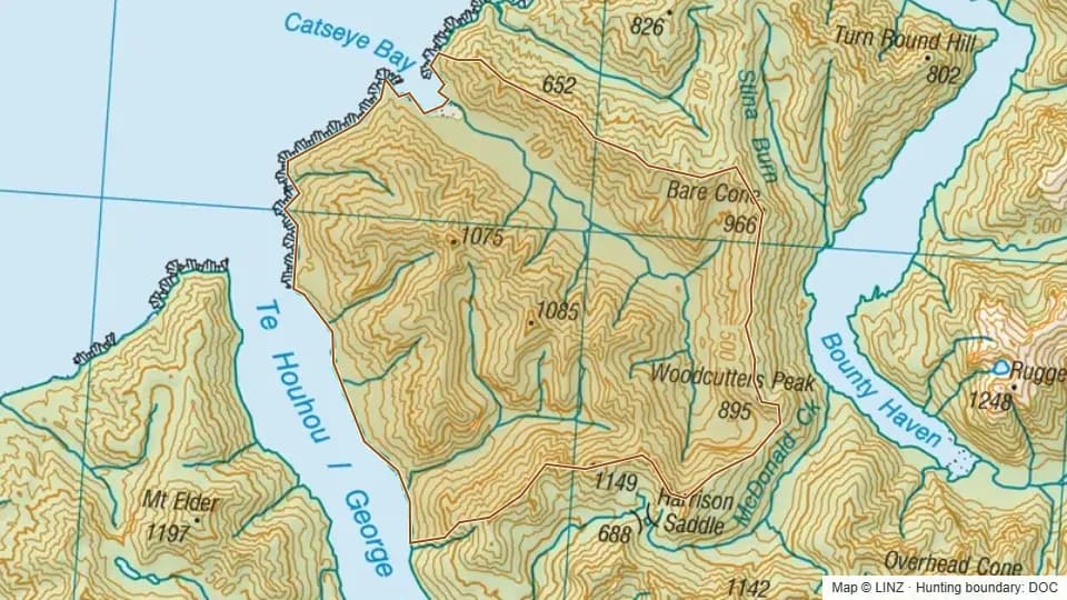 Topographic map of Catseye in Southland, New Zealand, with the DOC hunting boundary outlined.