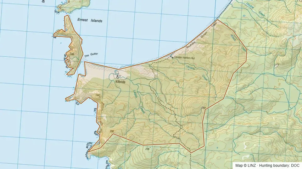 Topographic map of Cavalier in Southland, New Zealand, with the DOC hunting boundary outlined.