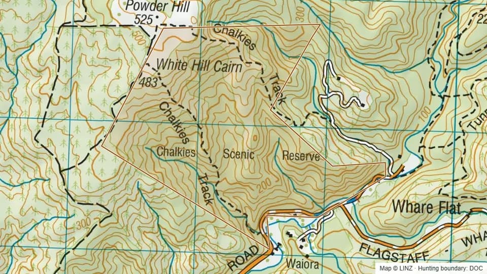 Topographic map of Chalkies in Otago, New Zealand, with the DOC hunting boundary outlined.