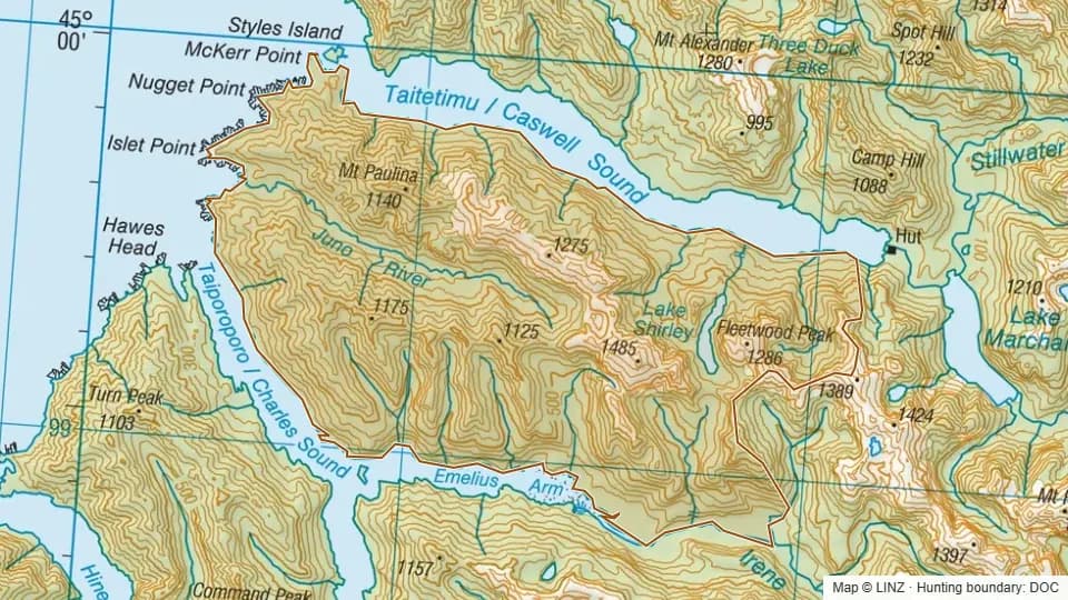 Topographic map of Charles in Southland, New Zealand, with the DOC hunting boundary outlined.