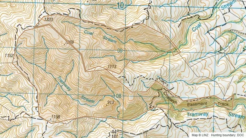 Topographic map of Chetwynd Conservation Area in Canterbury, New Zealand, with the DOC hunting boundary outlined.