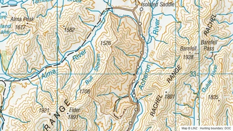 Topographic map of Chimney in Marlborough, New Zealand, with the DOC hunting boundary outlined.