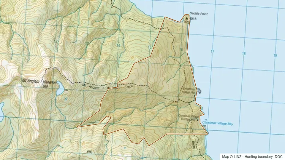 Topographic map of Christmas in Southland, New Zealand, with the DOC hunting boundary outlined.