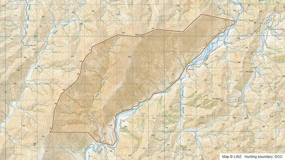 Topographic map of Clarence Faces in Marlborough, New Zealand, with the DOC hunting boundary outlined.