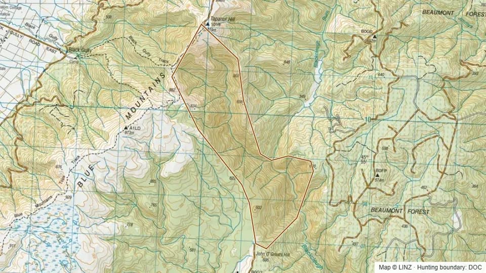 Topographic map of Clarks - Blue Mountains in Otago, New Zealand, with the DOC hunting boundary outlined.
