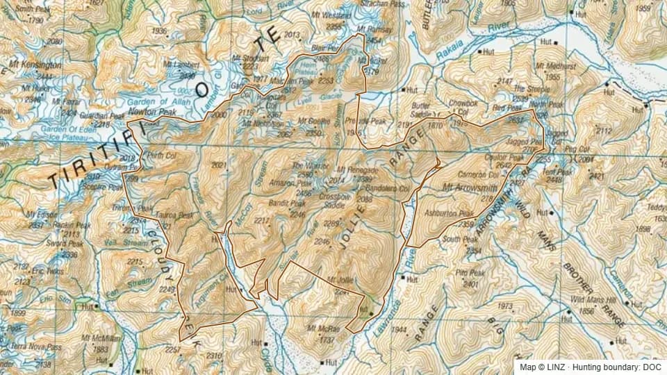 Topographic map of Clyde - Lawrence in Canterbury, New Zealand, with the DOC hunting boundary outlined.
