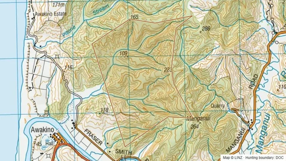 Topographic map of Conservation Area - Awakino in Waikato, New Zealand, with the DOC hunting boundary outlined.
