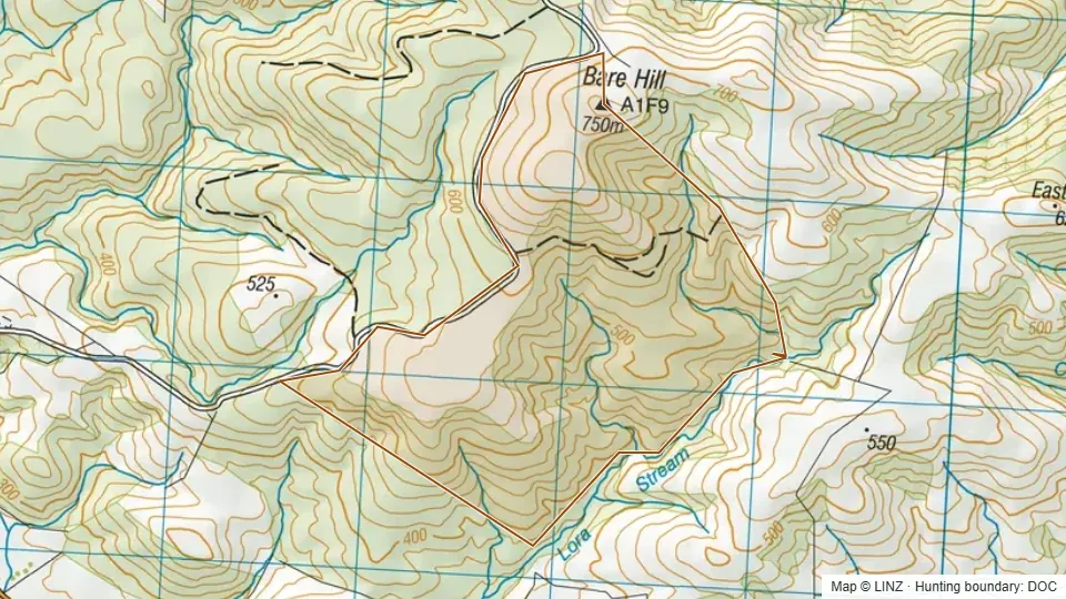 Topographic map of Conservation Area - Bare Hill Forest in Southland, New Zealand, with the DOC hunting boundary outlined.