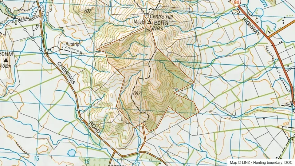 Topographic map of Conservation Area - Centre Hill in Southland, New Zealand, with the DOC hunting boundary outlined.