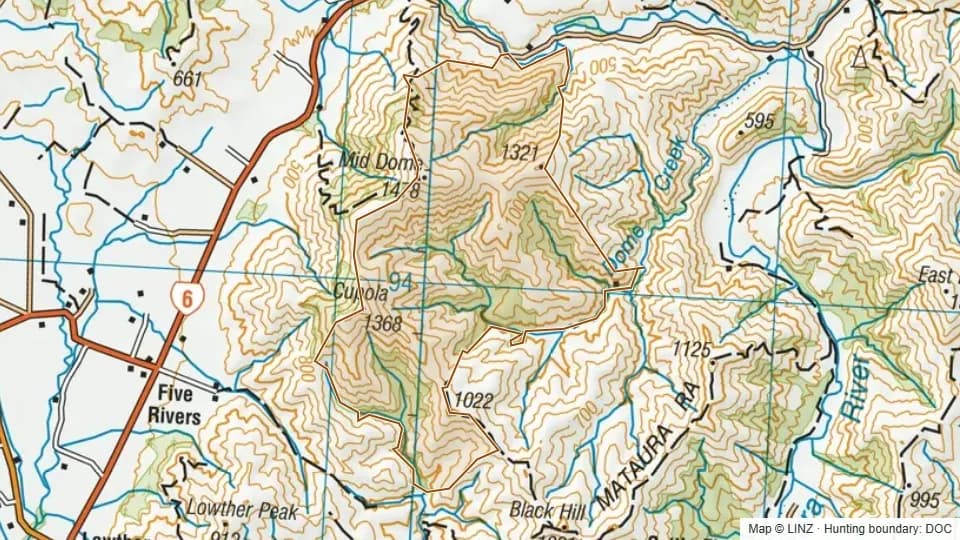 Topographic map of Conservation Area - Cupola, Mid Dome in Southland, New Zealand, with the DOC hunting boundary outlined.