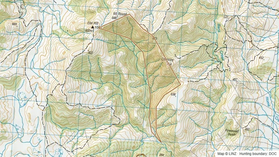 Topographic map of Conservation Area - Etal Hill in Southland, New Zealand, with the DOC hunting boundary outlined.